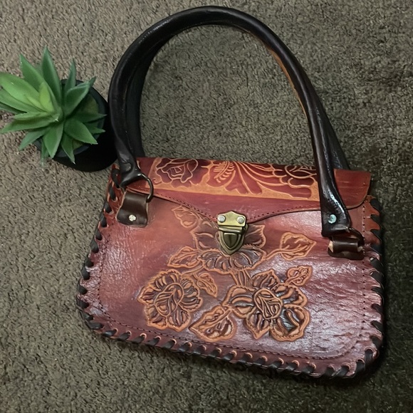 Flower Embossed Cognac Leather hand bag - Picture 1 of 12